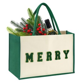 15.5" Canvas Large Christmas Gift Bags with Handles, Reusable Chenille Merry Patches Grocery Shopping Xmas Gift Bags for Women Men Kids Family, Green Holiday Santa Goody Wrapping Bags for Party Favor