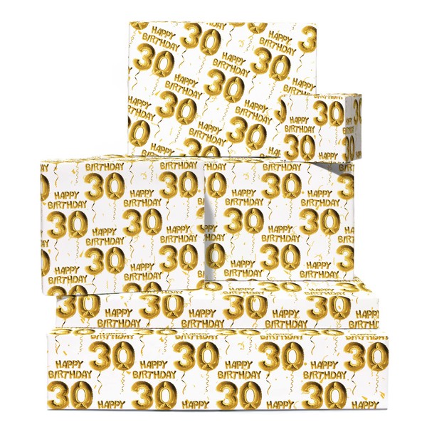 30th Birthday Wrapping Paper - 6 Sheets of Gift Wrap - Age 30 Thirty - Gold White - Gifts for Men Women - Comes with Stickers - Recyclable - By Central 23