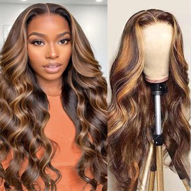 28 Inch Ombre Highlight Honey Blonde Wig Human Hair Ready to Wear Glueless Wig Human Hair Pre Plucked Pre Cut 180% Density P4/27 Body Wave Colored Wigs 5x5 HD Transparent Lace Closure Wigs Human Hair