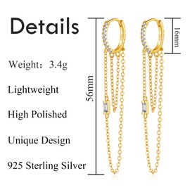 Kamise Silver Small Hoop Earrings, 925 Sterling Silver Huggie Hoop Earrings Hanging for Women Lady Girls, Hypoallergenic Double Long Chains Drop Earrings, Gold Dangle Hoop Earrings with Zirconia