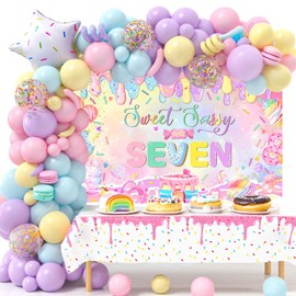 Mocsicka Donut 7th Birthday Banner Backdrop Sweet Sassy Seven Party Decorations Banner for Girls, Pink, 70.8x43.3 inch