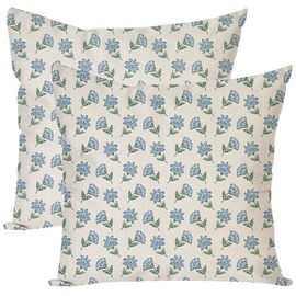 HERHOME Block Print Decorative Throw Pillow Covers 18x18 Inch Set of 2 Green and Blue Vintage Floral Outdoor Cottage Spring Summer Decor Cushion Cases Grandmillennial Decorations for Home Room Couch