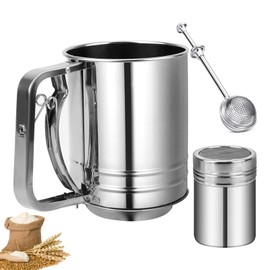 Flour Sifter, Stainless Steel 3 Cup Flour Sifters for Baking, 3 in1 Sifter for Baking with Powdered Sugar Shaker Duster and Flour for Baking Cakes, Pies, Pastries, Desserts and Cupcakes