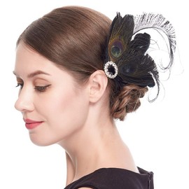 20s Fascinators for Women, Gatsby Flapper Acessories Art Deco Party Accessory Peacock Feather Alligator Clip(B-black)