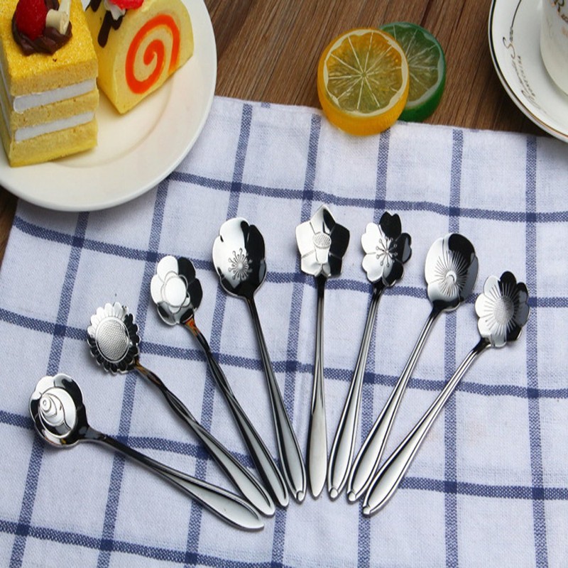 ERCENTURY Stainless Steel Tableware Flower Coffee Spoon, Tea Spoon, 8