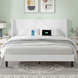 VECELO Queen Bed Frame with Upholstered Wingback Headboard, Heavy-Duty Platform Bedframe with Charging Station & Side Pockets, No Box Spring Needed, White