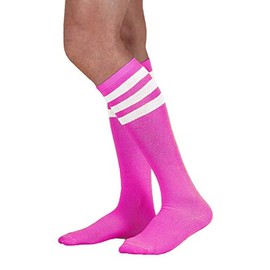Colored Knee High Tube Socks with Colored Stripes (Neon Purple with White Stripes)