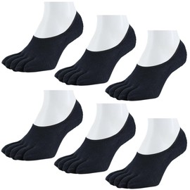 Asuka Men's Women's 5 Toe Socks, Non-Skid Heel Backing, 100% Cotton, Ankle Length, black 6 pairs