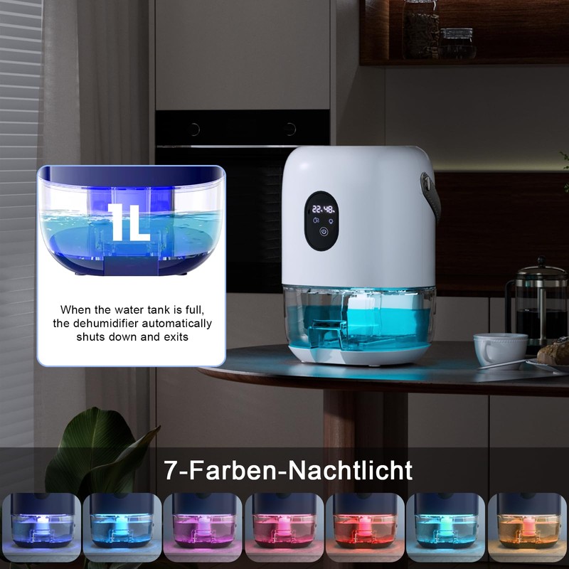 Desktop dehumidifier with 7-color ambient light, 1L (35oz) water tank