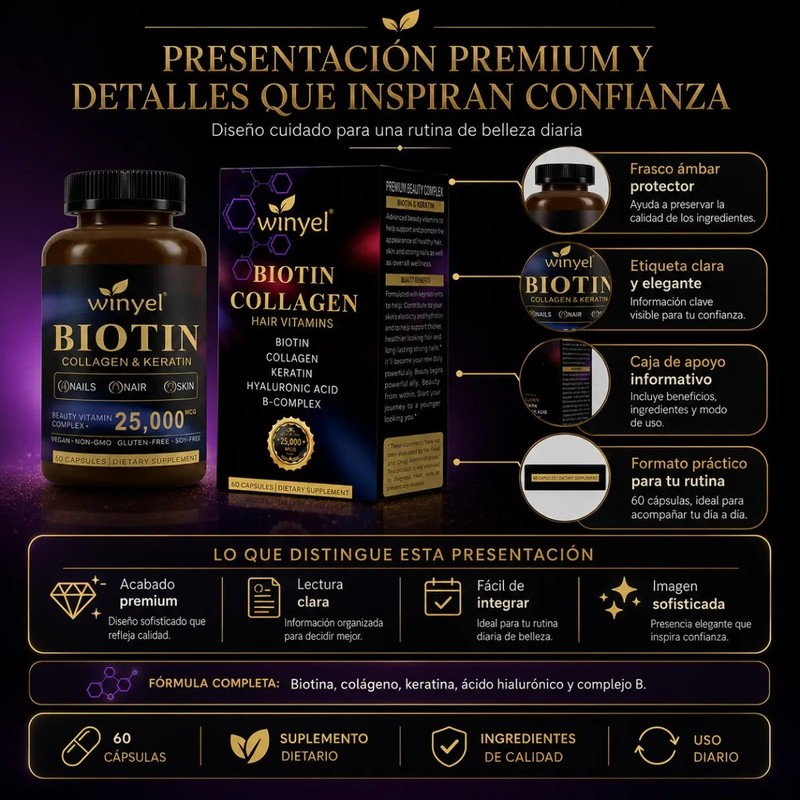 Biotina 25000 Mcg Colágeno Queratina Winyel 60 Cápsulas