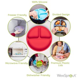 WeeSprout Silicone Plates with Lids for Babies & Toddlers (3 Pack) 100% Food-Grade Dishes for Self Feeding, Divided Design & Raised Edges for Picky Eaters, Dishwasher & Microwave Safe Weaning Supplies