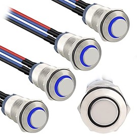 Starelo 5pcs 12mm Latching led Push Button Switch Silver Shell with pre-Wiring, IP65 Waterproof Push Button Switch,1NO 1 Normally,Self-Locking with LED(Blue).