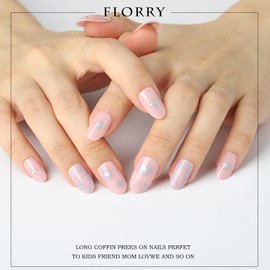 Fake Nails Short Pink Press on Nails Almond Shape Acrylic False Nails with Star Designs Stick on Artificial Nails for Women and Girls 24Pcs