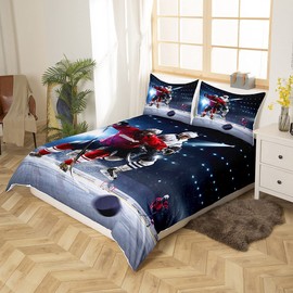 Ice Hockey Bedding Set Single Size Hockey Player Comforter Cover For Boys Teens Girls Sports Game Event Duvet Cover Youth Kids Soft Microfiber Winter Sports Bedroom Decotive 2Pcs