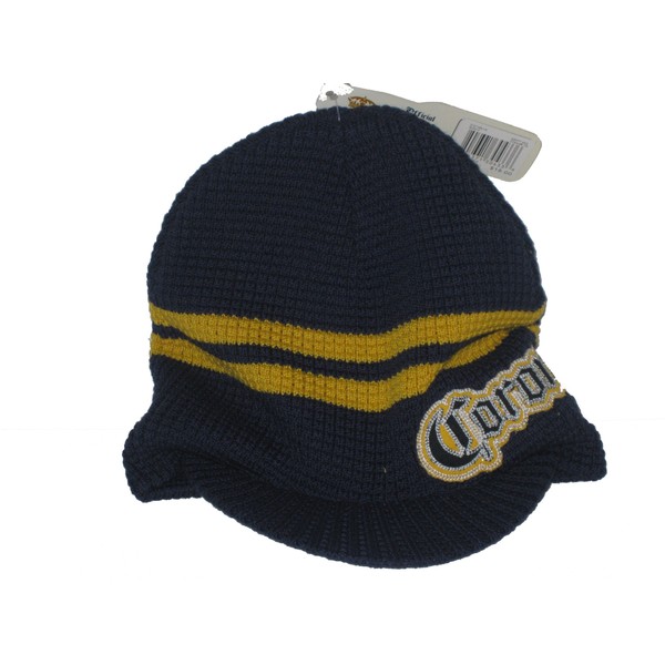 Corona Navy & Yellow Stripe Cable Knit Billed Beanie Hat