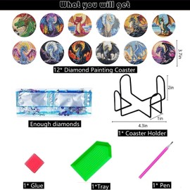 12 Pcs 5D Diamond Painting Coasters Kits with Holder,Boho Diamond Art Coasters Set for Drinks Coffee Table, Diamond Painting kit for Beginners Adults DIY Art Craft Gifts Home Decors (Dragon)