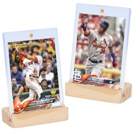 2 Pack Magnetic Card Holders for Trading Cards - 35pt Hard Plastic Card Protectors with 2 Wooden Stands, Baseball Trading Card Stands for Storage and Display, Card Case for MTG, Sports and Game Cards