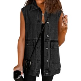 Dokotoo Womens Fashion Casual Denim Vest Spring Jackets Country Concert Outfits for Women 2025 Oversized Jean Jacket Denim Shirt Jean Vest Tops Sleeveless Jean Shackets Black Denim Jacket for Women L