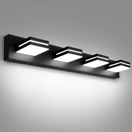 OKELI 4-Light Bathroom Vanity Light Black Modern LED Vanity Light Over Mirror Dimmable Mirror Front Lamp with 350° Adjustable Lamp Head ETL Listed 32W 6000K Cold White