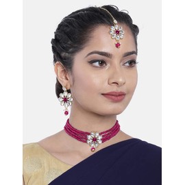 Aheli Gold Plated Kundan Faux Pearl Floral Choker Necklace Earrings with Maang Tikka Set Jewelry Gift for Women Rani Pink