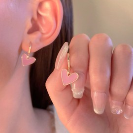 TseenYi Pink Heart Dangle Huggie Earrings Boho Enamel Heart Pink Earrings Vintage Gold Huggie Hoop Earrings Heart Love Dangling Earrings Jewelry for Women and Girls Gifts