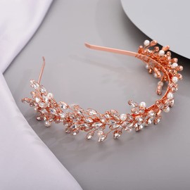 JWICOS Wedding Headband Crystal Tiara Bridal Headpieces for Bride Pearl Hair Vine Wedding Hair Accessories for Party Prom Bride Women (Rose Gold)