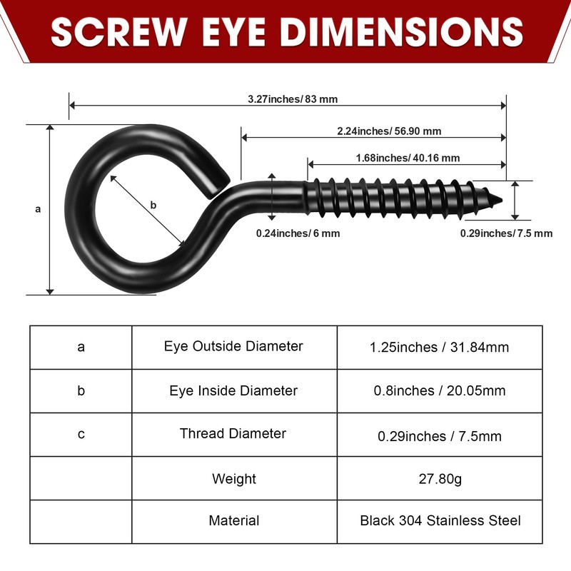 8PCS Screw Eyes, 3.2 Inch Black Eye Hooks Screw Self