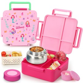 Norxely Bento Box for Kids with Thermos Leak Proof, [Ultra Durable] Insulated Kids Lunch Box with 4 Compartment for Ages 3+, Drop-Proof & Dishwasher Safe Lunchbox Container Pink