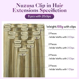Nuzusa Blonde Clip in Hair Extensions Real Human Hair 8pcs Per Set with Double Weft 100% Seamless Blonde Hair Extensions for Women #8p613 Mixed Bleach Blonde 20inch 105g/3.7oz