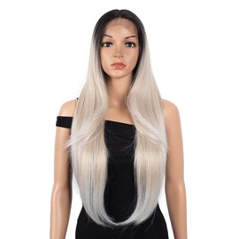 Joedir 26" Long Natural Wavy Wig Deep Part Lace Wig Pre Plucked with Baby Hair Natural Hairline Synthetic Wig for Women(PLATINUM)