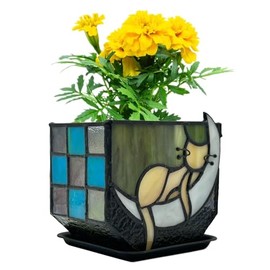Tiffany Stained Glass Fun Moon Sleeping Cat Planter，Orange Sleeping Cat Cactus Planter，Cute Planters for Indoor Plants,Decorative Dried Flower Pots,As Gifts for Cat Lovers,4.6x3x5.15 in