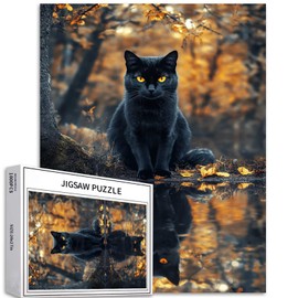 Black cat Sitting by The Lake 1000 Piece Jigsaw Puzzles for Adults Autumn Forest Background Art Puzzle Challenging Family Activity Games Colorful DIY Craft Puzzle for Home Decor Gifts 50×70cm