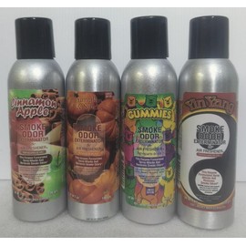 Smoke Odor Exterminator 198 gm/ 7 oz Large Spray Cinnamon Apple Set of Four Cans. Assortment (4) Includes Cinnamon Apple, Pumpkin & Spice, Gummies and Yin Yang.