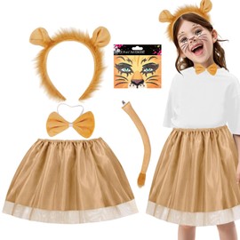 Matreeglam 5 Pieces Animals Costume Set for Kids Girls, Cute Animal Tutu Skirt with Headband, Tiger Pig Cat Rabbit Lion Deer Leopard Fancy Dress Up Outfits for Carnival World Book Day (Style 3)