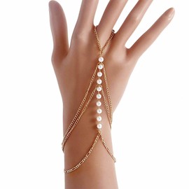 Xmsrn Vintage Layered Pearl Finger Ring Bracelet Gold Pearl Slave Bracelet Pearl Ring Wrist Bracelet Boho Pearl Chain Bracelet Pearl Slave Hand Harness Chain Bracelet Jewelry for Women and Girls