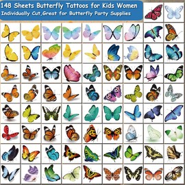 CHARLENT 148 Individual Sheets Temporary Butterfly Tattoos for Girls and Women - Realistic 3D Butterfly Tattoos for Kids Birthdays, Party Favors and Goodie Bag Fillers