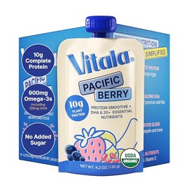 Vitala Organic Protein Smoothie Pouches for Kids & Adults, 10g Plant Protein, 135mg DHA 900mg Omega-3, Real Vegetables, No Added Sugar, Allergen Free, Ivy League Developed, 10 Count (Pacific Berry)