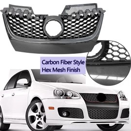 BST BSSP Front Bumper Grille Carbon Fiber Print Upper Hex Mesh Grill Comptble with 2006 2007 2008 2009 Volkswagen VW MK5 Jetta GTI/GLI, ABS Material, W/HOLE