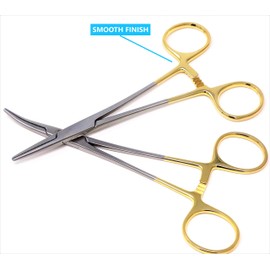 Pack of 2 Hemostat Forceps With Gold Handle And Fully Serrated Stainless Steel - 5" Curved + Straight Pliers