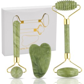 Gua Sha Set y Rodillo de Jade, Jade Gua Sha y Rodillos Faciales para Mujeres, Regalos de Autocuidado para Mujeres,Mejora la Ojera, Cuidado de la Piel RegalosDrenaje Linfático Gua Sha