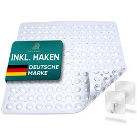Delluxia Shower Mat Non-Slip 53 x 53 cm Including 2 Hooks Non-Slip Mat Shower Bath Mat Non-Slip Mould Resistant & Machine Washable Shower Mat Non-Slip BPA Free and Latex Free White