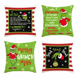 Arsemica Funny Christmas Pillow Covers, 18x18 Grinchy Christmas Throw Pillow Covers, Novelty Grinchs Decor, Buffalo Xmas Cushion Cases, Farmhouse Holiday Decorations for Home Bed Couch Sofa