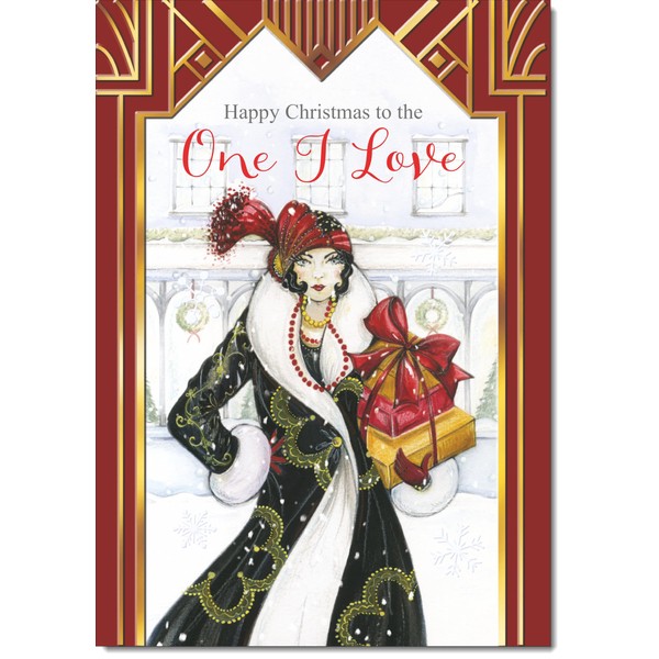 doodlecards One I Love Christmas Card Lady with Parcels Large