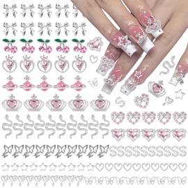 110 Pcs Silver Heart Nail Charms and Gems, 3D Heart Cherry Charms for Nails Silver Bow Dollar Alloy Nail Charms, Mixed Snake Crown Charms for Acrylic Nails Y2K Nail Art Design Nail Accessories