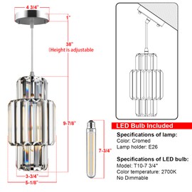 tebio Mini Crystal Pendant (LED Incuded) with Adustable Cord Chrome Pendant Lighting for Island Living Room, Bedroom, Farmhouse