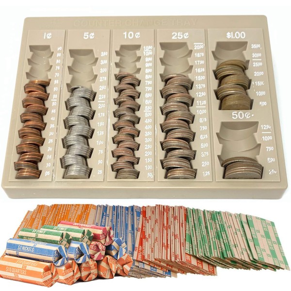 Coin Counter and Sorters Money Tray – Bundled with 64 Coin Roll Wrappers – 6 Storage Compartment Change Organizer and Holder - Ideal Coin Dispenser for Bank Tellers Business or Home Use