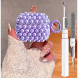 Cute Glitter Pearls Case for Airpods 4 Cover Girls Women, Soft Handmade Beads TPU Airpods 4th Generation Protective Cover with Cleaner Pen&Keychian for Air Pod Gen 4, Purple