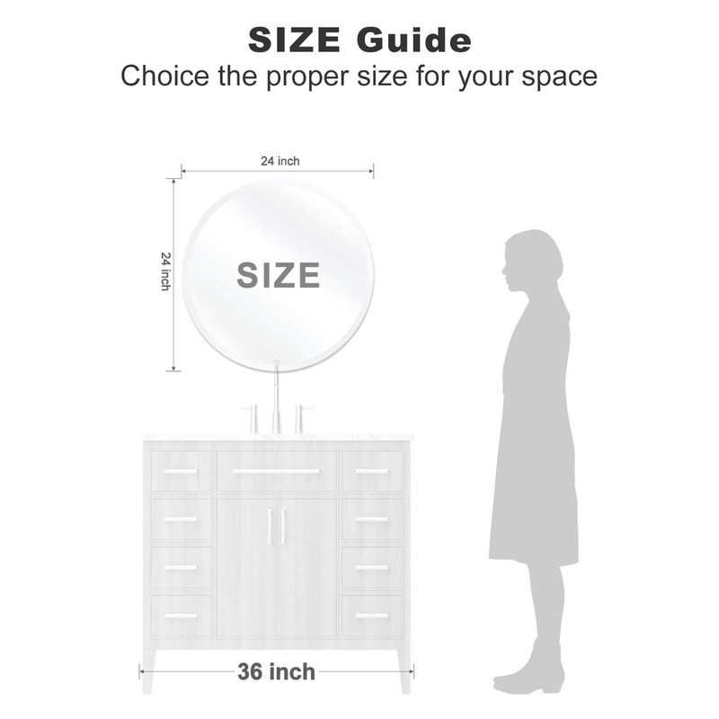 USHOWER 24" Round Frameless Wall Mirror with Beveled Edge -