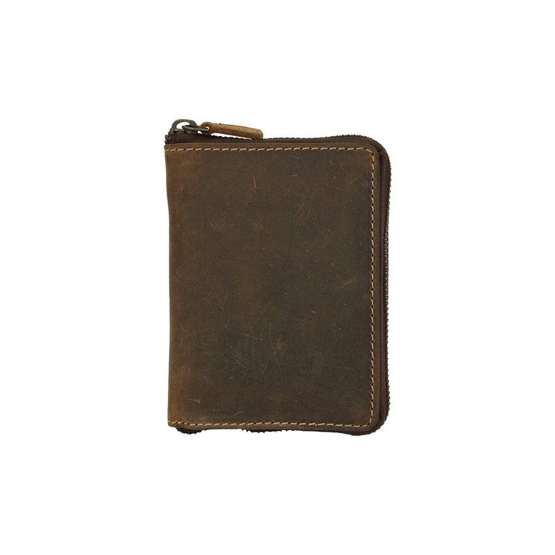LEAS Vintage Style Zip Wallet in Genuine Leather Dark Cognac