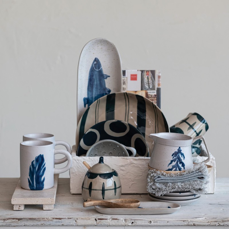 Creative Co-Op Hand Painted Stoneware Bowl with Geometric Designs, Set